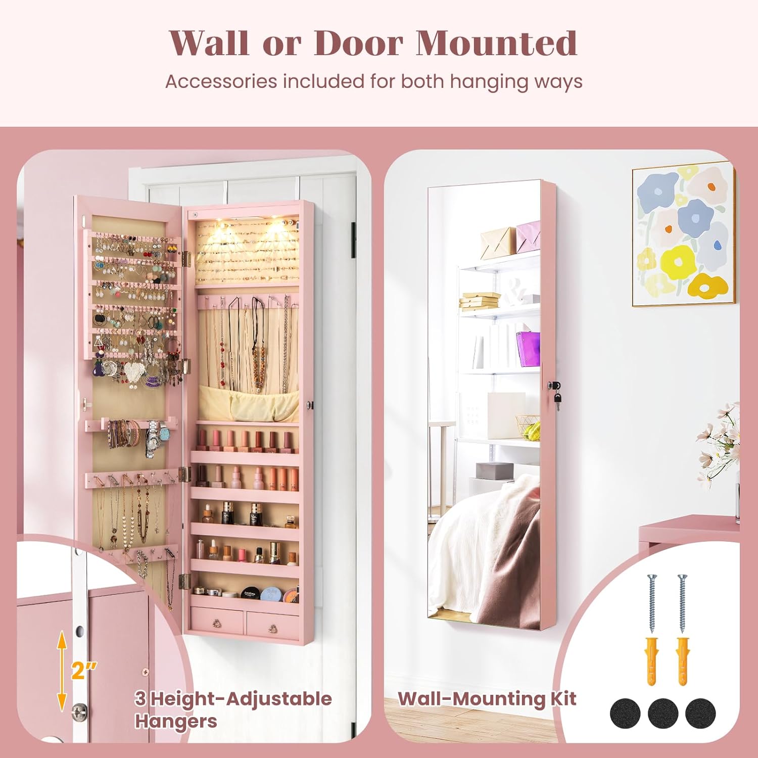 LDAILY Jewelry Armoire Wall or Door Mounted, Full-Length Mirror with Storage, Lockable Mirror Jewelry Cabinet w/ 2 Drawers, LED Lights, Over the Door Jewelry Organizer Box for Women Girls