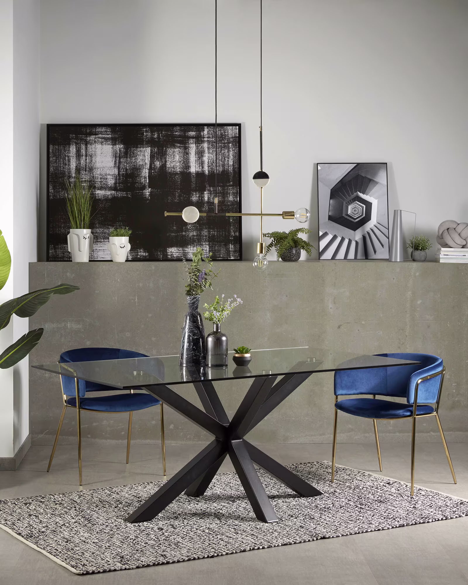 Mesa Argo de cristal y patas de acero acabado negro 200 x 100 cm