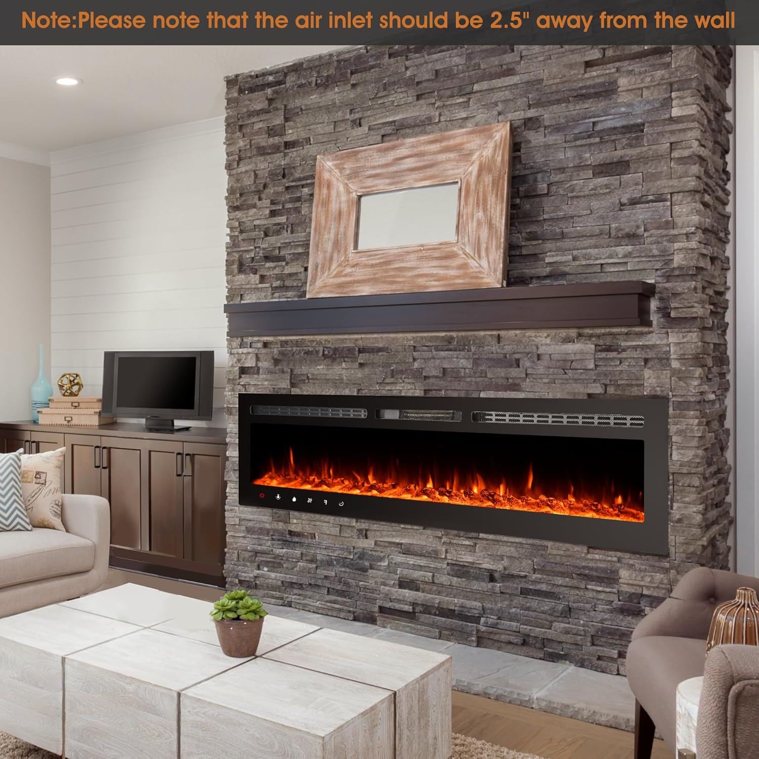 80 inch Ultra-Thin Electric Fireplace Recessed and Wall Mounted with Touch Screen Control Panel/Remote Control- Timer,Realistic 5 Flame - Log & Crystal Hearth Options