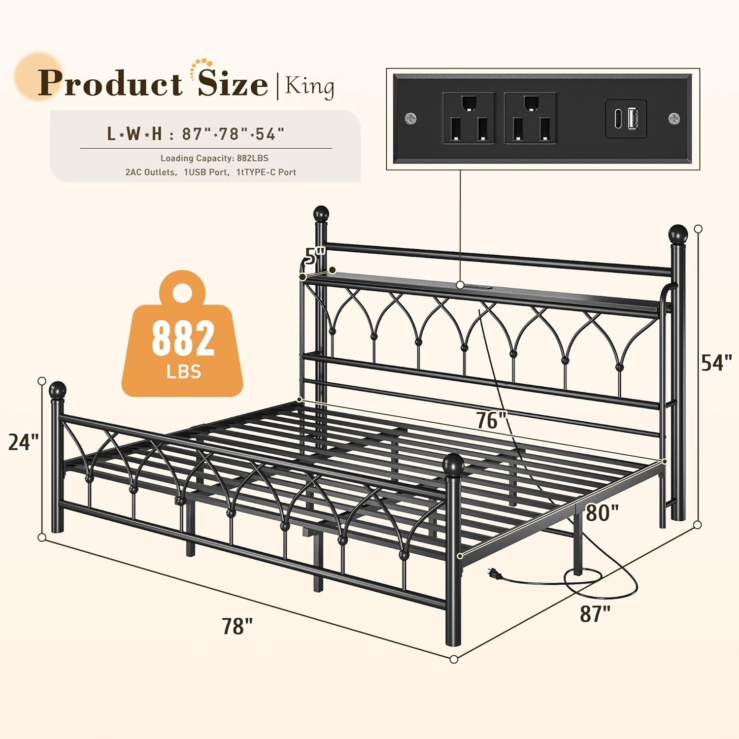EnHomee 54 King Bed Frame with Tall Storage Headboard, Metal King Size Bed Frame with LED Lights and Power Outlets, Sturdy & Noise-Free, Metal Slats, No Box Spring Needed, Black