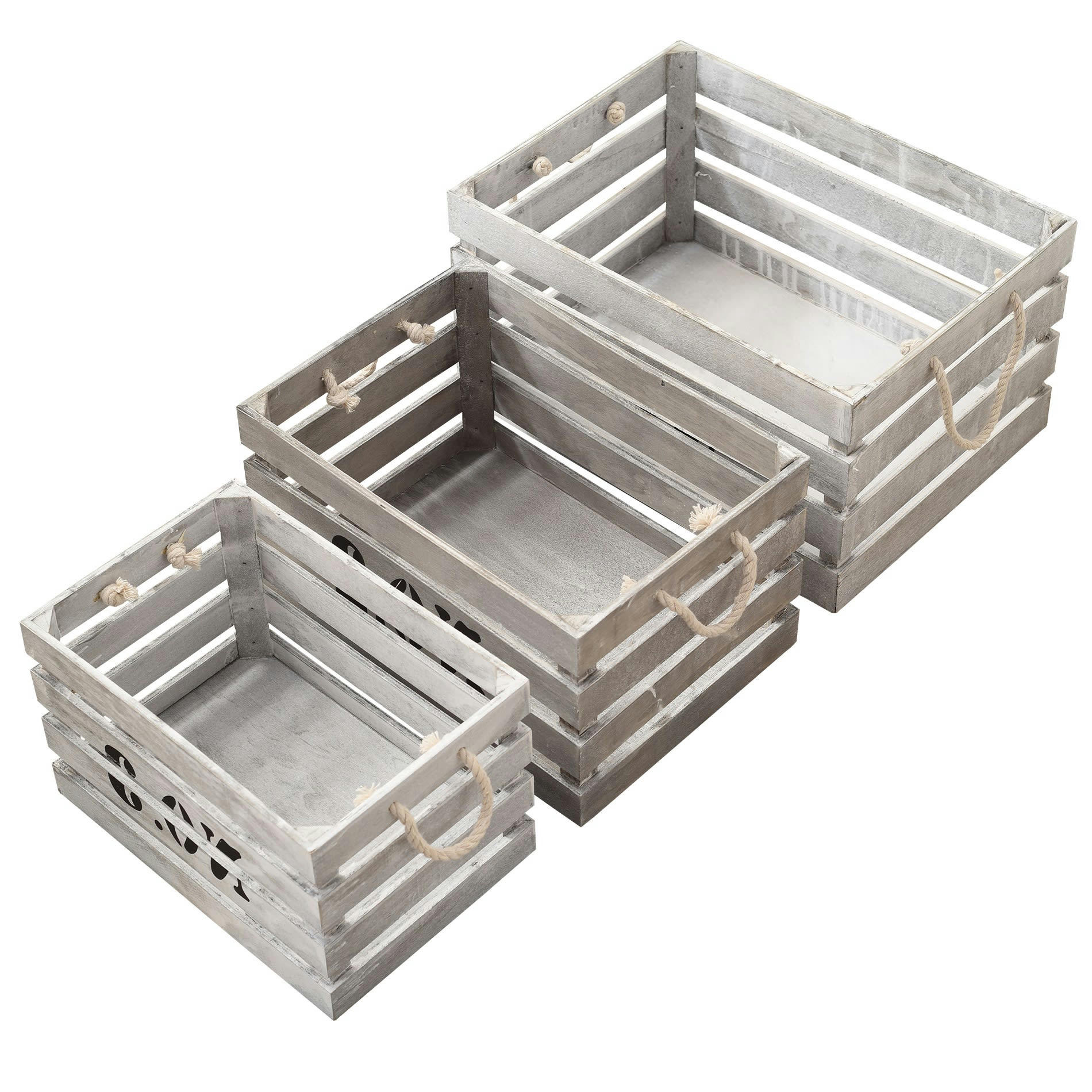 URBAN LIFE - Set de 3 paniers de rangement avec poignées en paulownia blancs