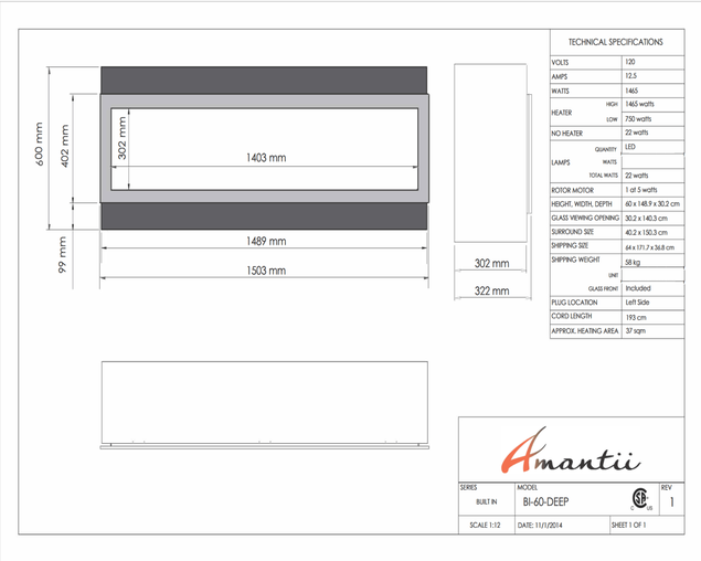 Amantii Smart 60" Electric Deep Built-in only comes with optional black steel surround