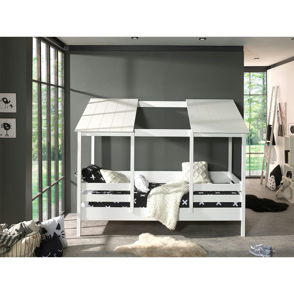 HOUSEBED - Lit cabane 90x200 toit semi-ouvert sommier inclus blanc