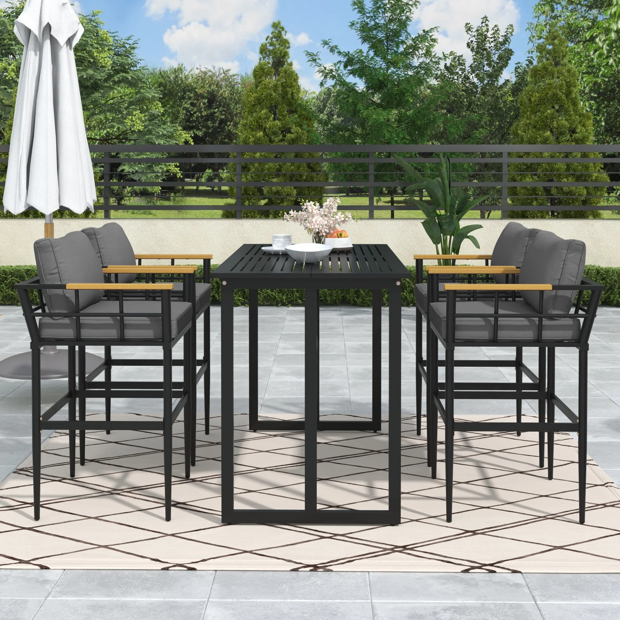 Iron Outdoor Dining Set with Acacia Wood Armrest Suitable For Patio, Balcony Or Backyard