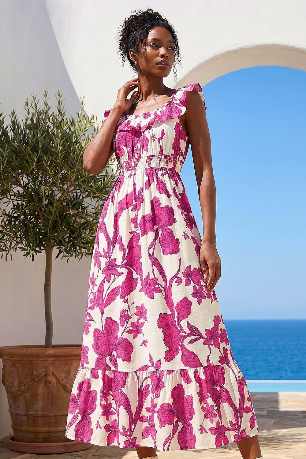 Roman Floral Print Frill Shirred Midi Dress