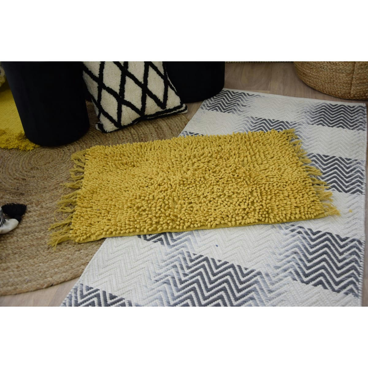 SHAGGY - Tapis de bain coton uni à franges ocre 50x70cm