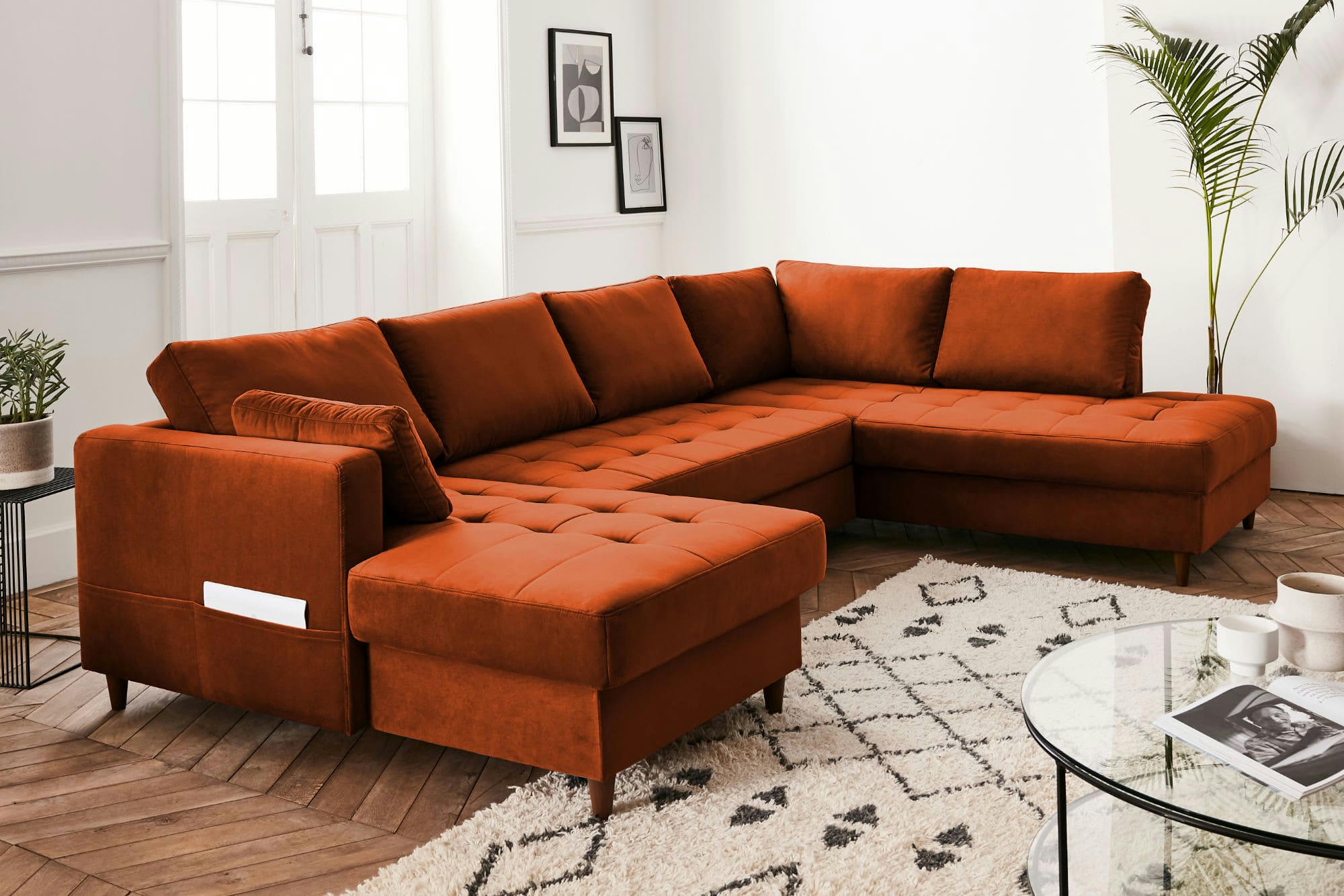 ANNA - Canapé panoramique 7 places angle droit en velours rouille