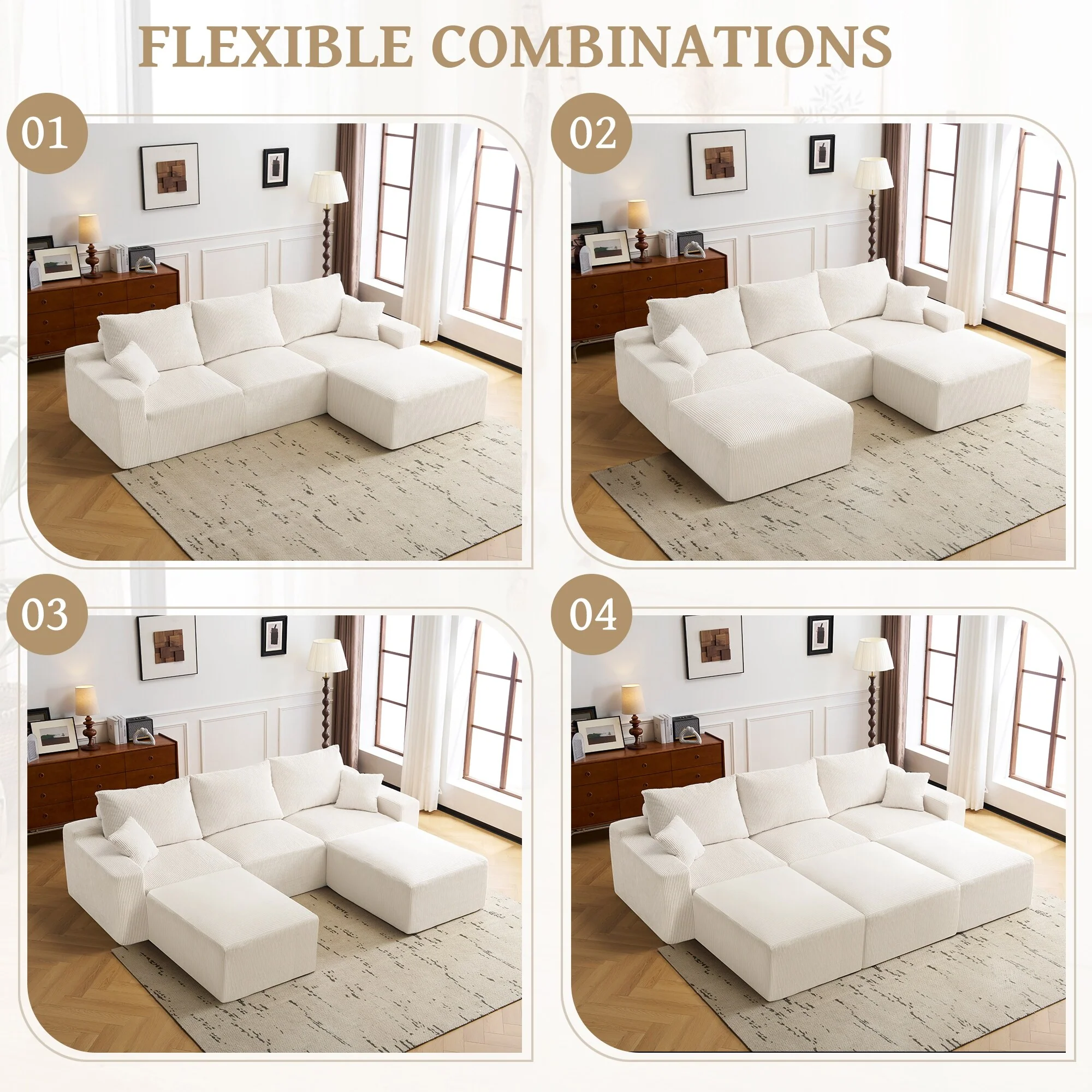 110 L-Shaped Modular Sectional Sofa 3-Seater Corduroy Couch with 3 Ottoman and 2 Pillows