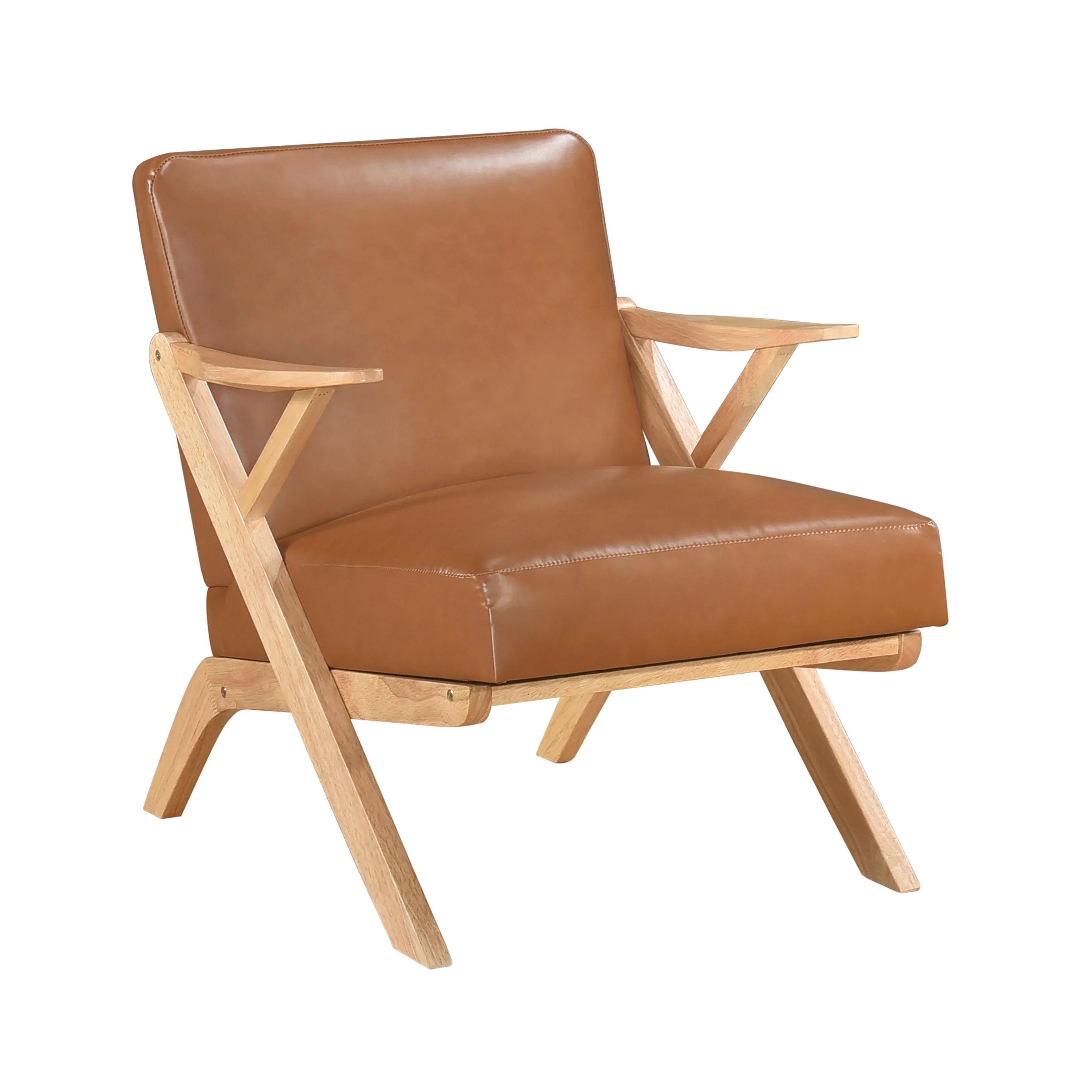 Accent Chair with Solid Rubberwood Frame, Faux Leather Upholstery, Comfortable Dacron-Wrapped Foam Cushions