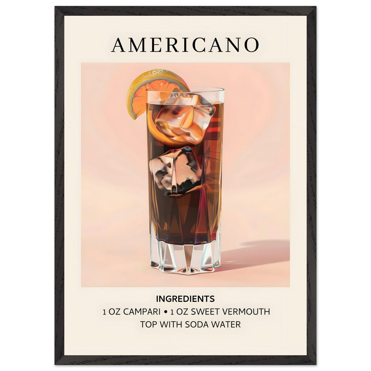 Artfulprints Poster met Lijst Americano cocktail - Ingrediënten  - 50x70 cm - Roze