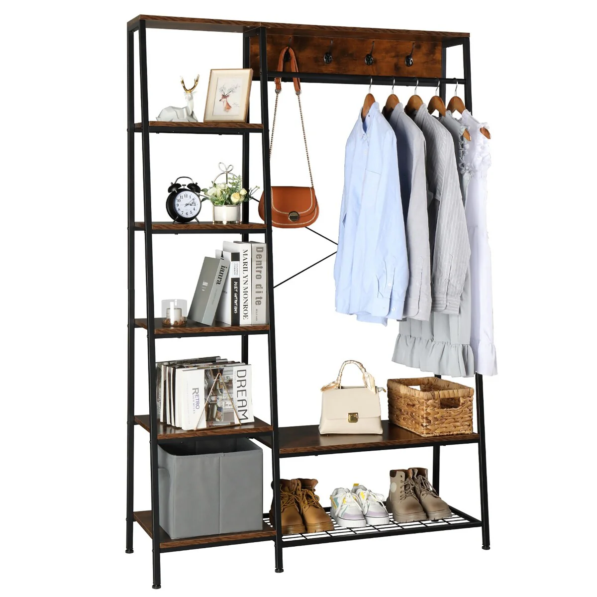 Entryway Hall Tree with Storage Shelves, Closet Storage Organizer