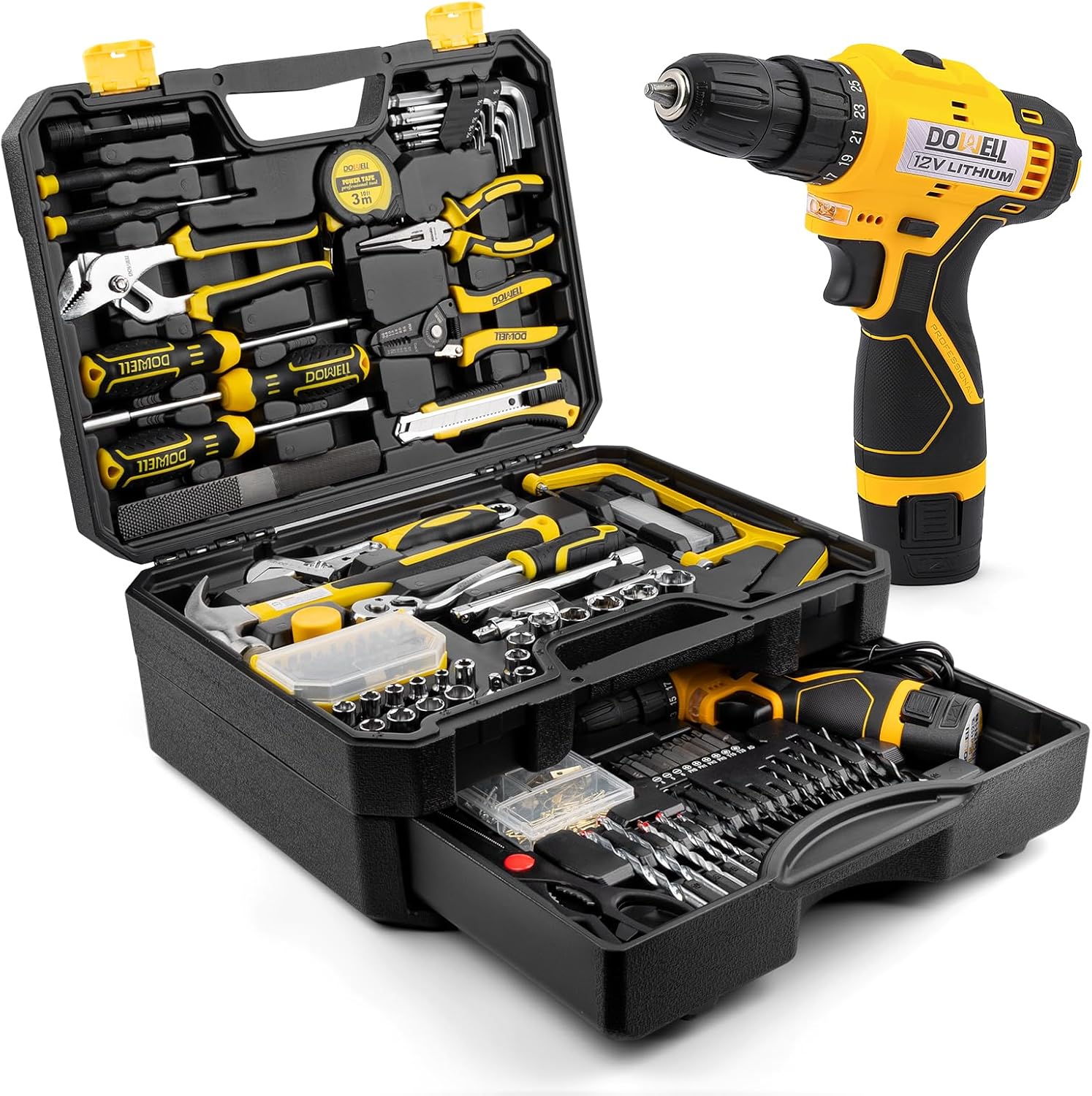 DOWELL 223-Piece Power Drill Tool Set, 12V Cordless Drill Driver Kit with Drawer Toolbox, Socket & Bit Set, Hex Keys, Wrench for Home Renovation, DIY Projects & Garage Use