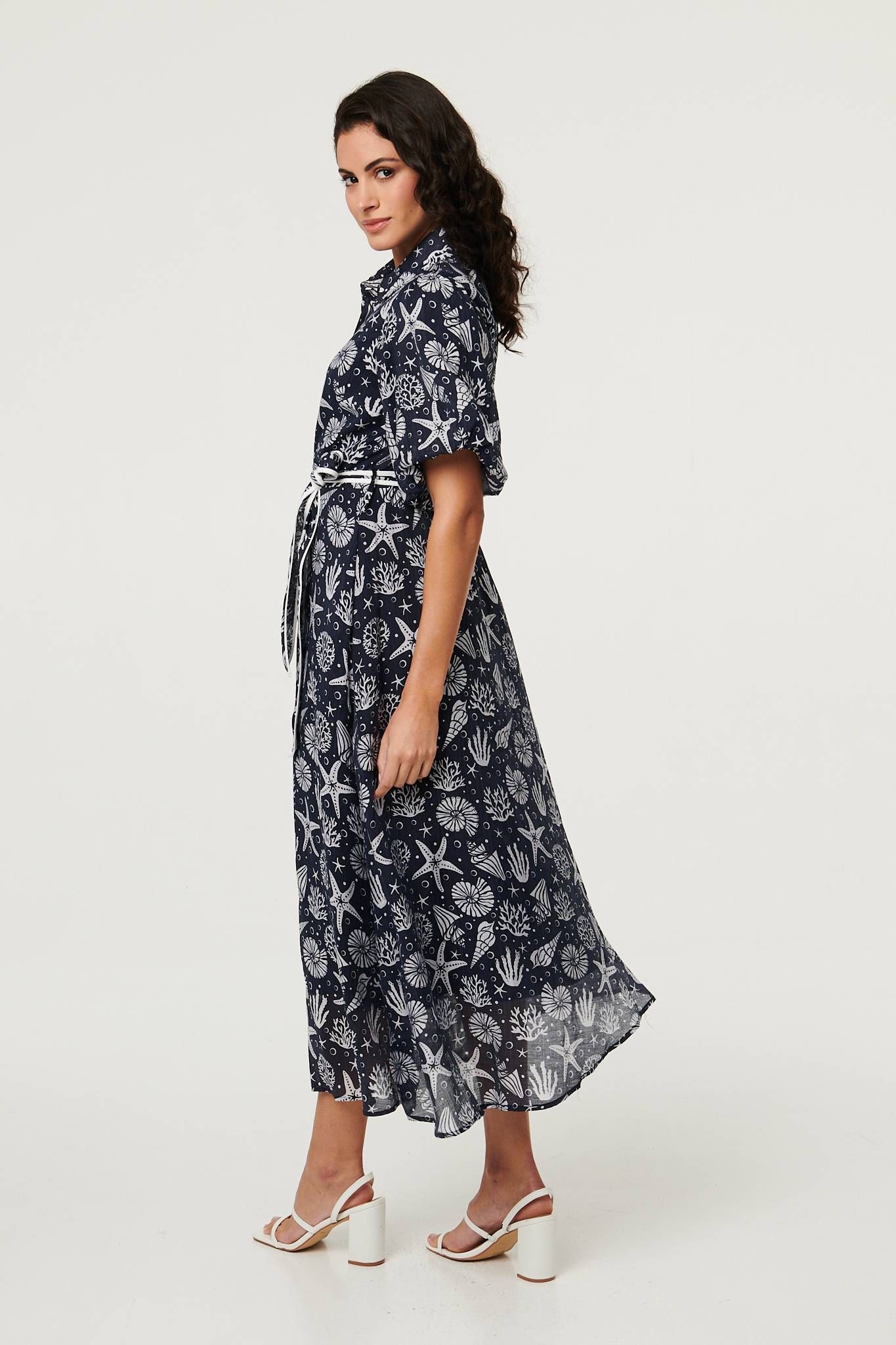 Izabel London Tropical Print Puff Sleeve Midi Dress