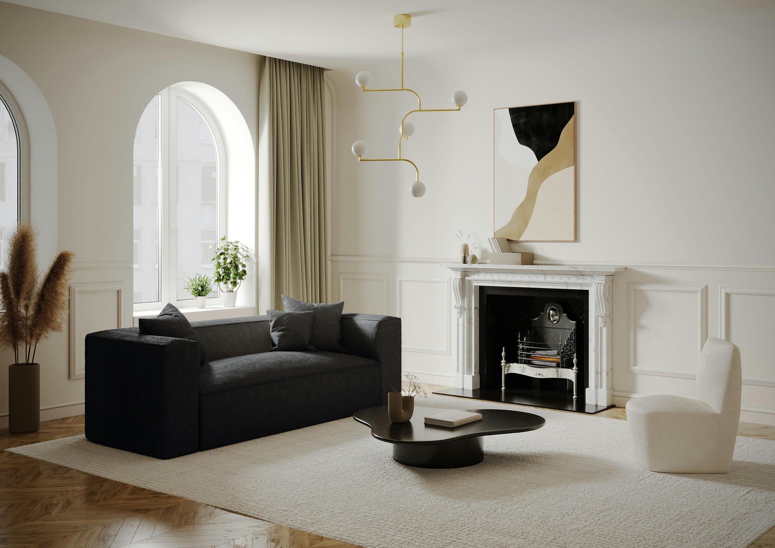 ALMA - Canapé 3 places tissu bouclette noir