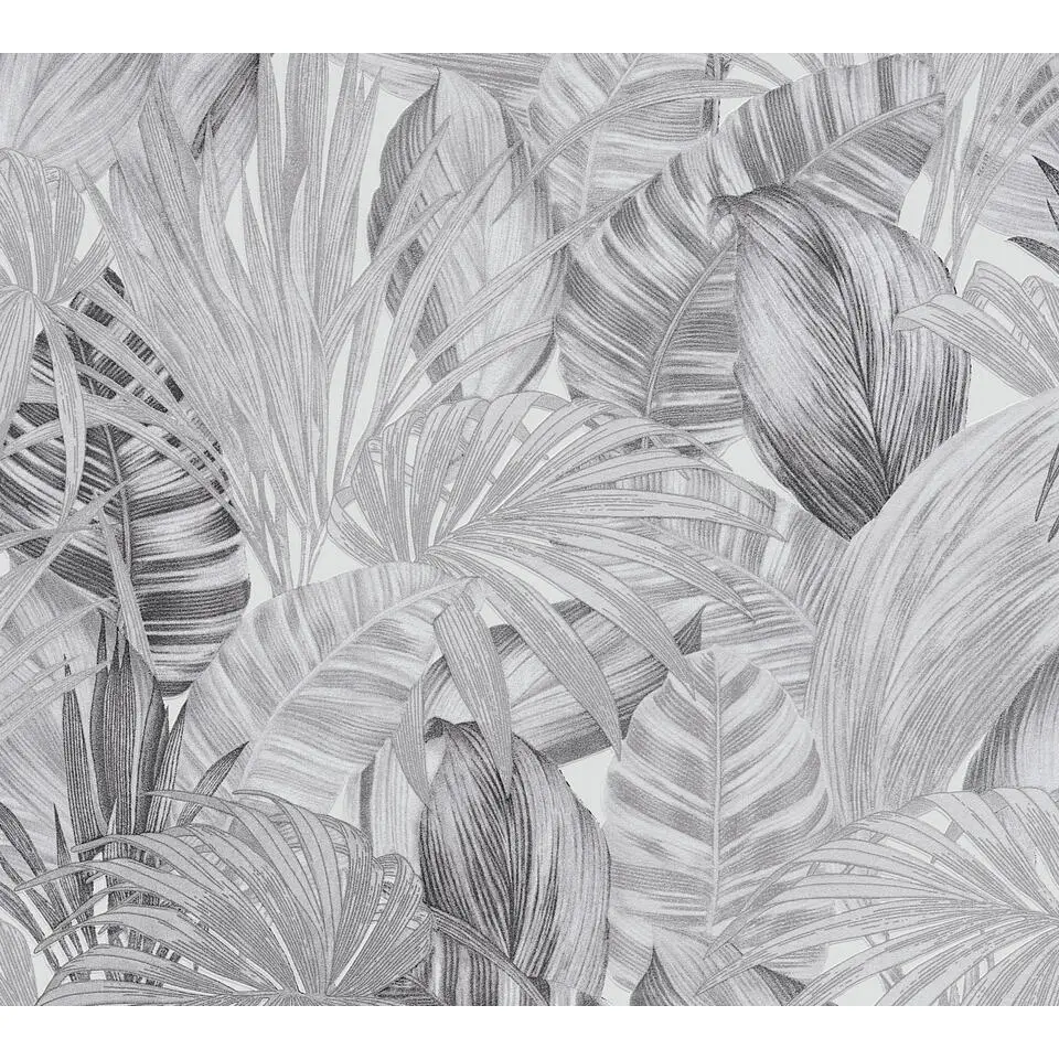 A.S. Cr&eacute;ation behang tropische bladeren zwart, wit en grijs - 53 cm x 10.05 m