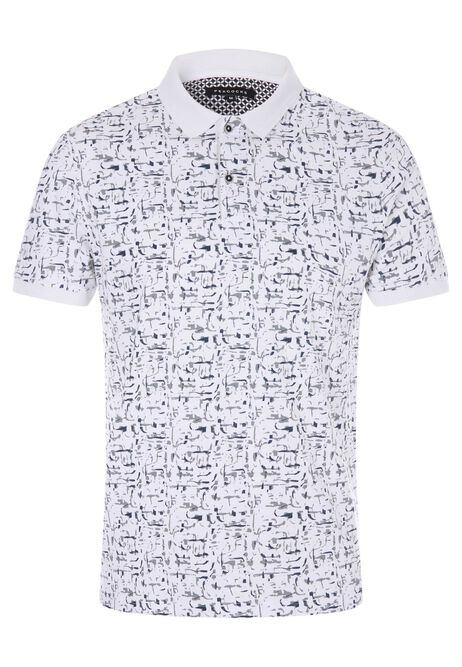 Mens White Sketch Print Cotton Polo Shirt