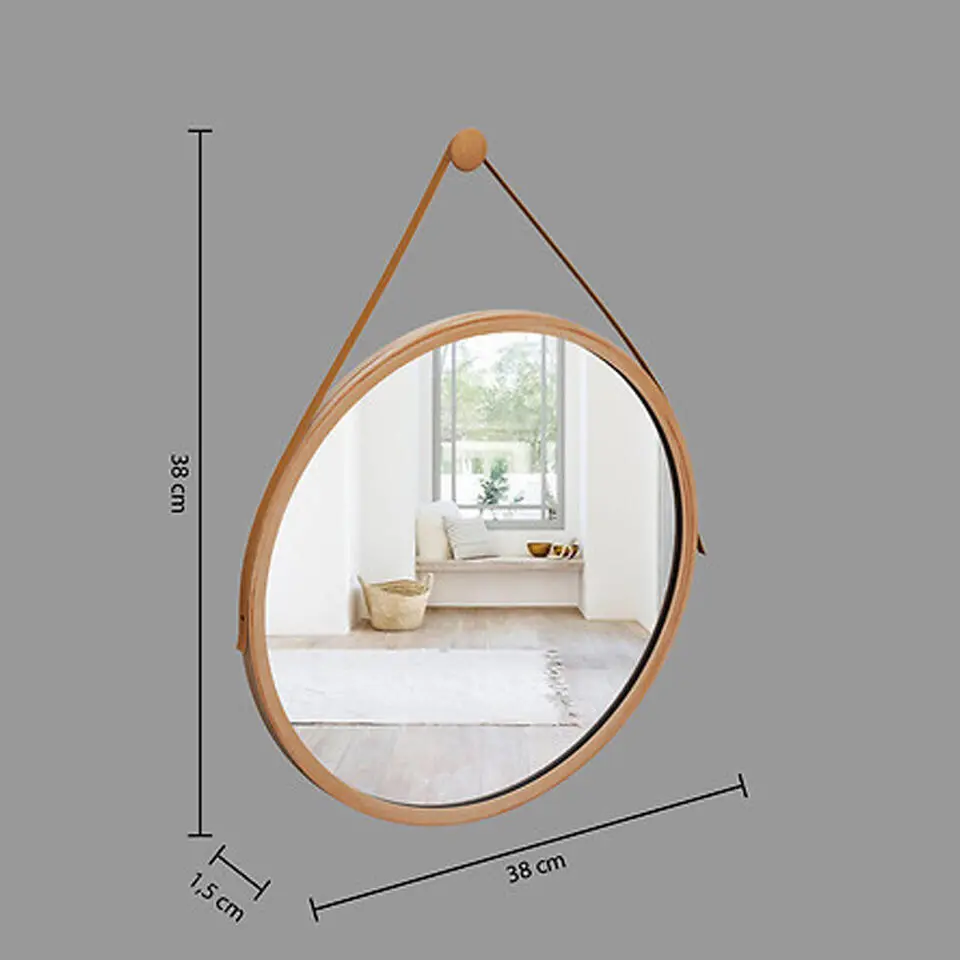 5five Wandspiegel met ophanghaak - rond - bamboo - leer - D38 cm