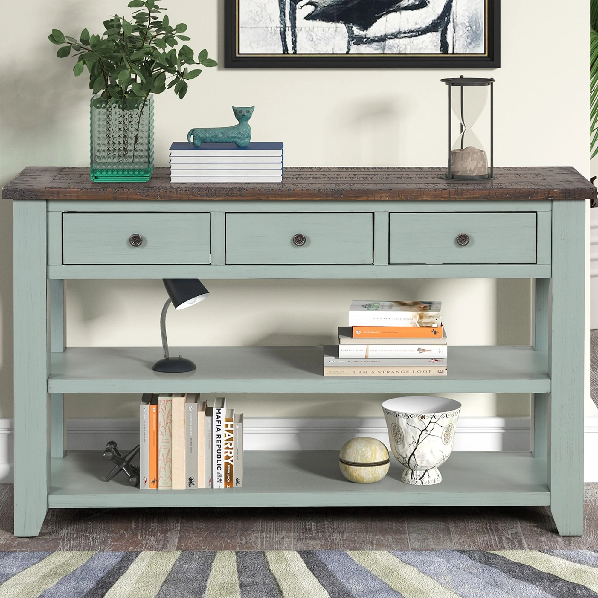 Modern Solid Pine Wood Top Console Table with 3 Drawers and 2 Shelves