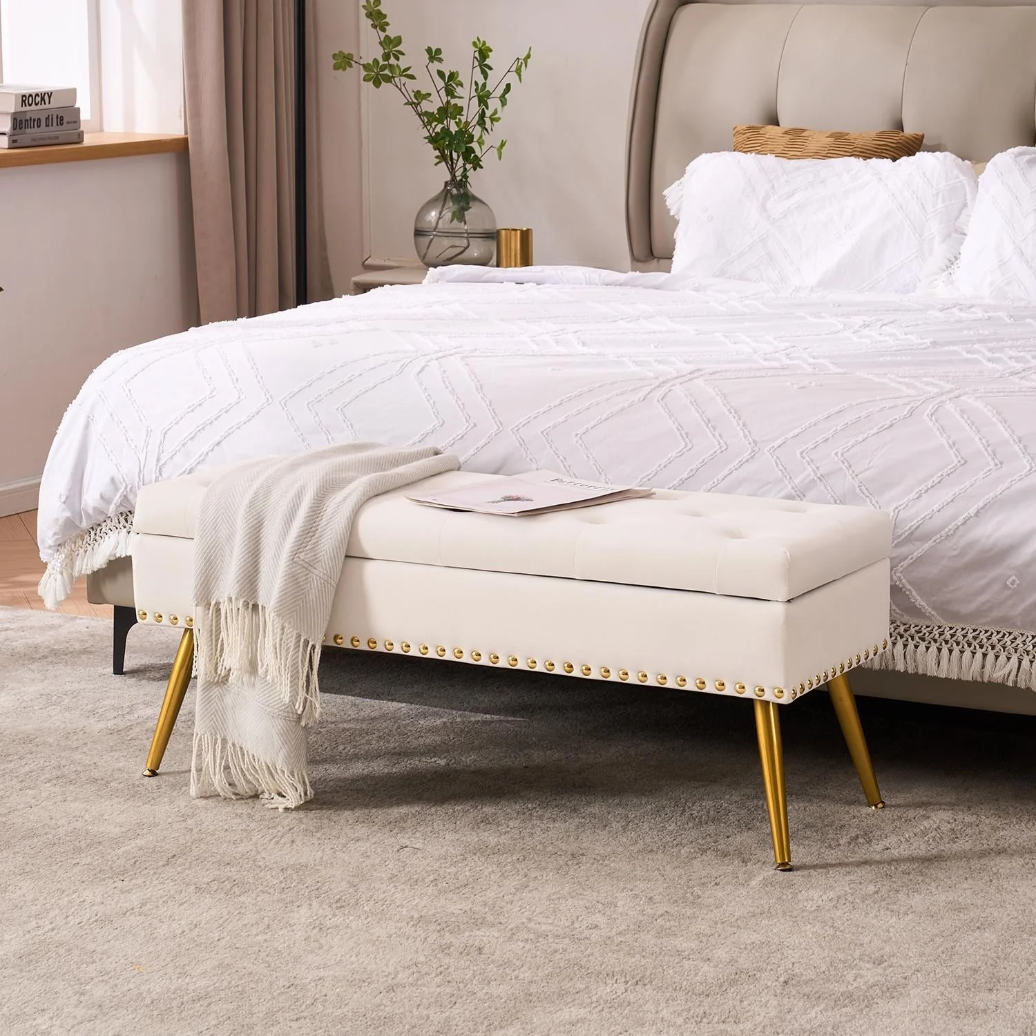 Velvet Storage Ottoman Bench with gold legs and Nailhead Trim for Bedroom/End of Bed/Entryway/Window