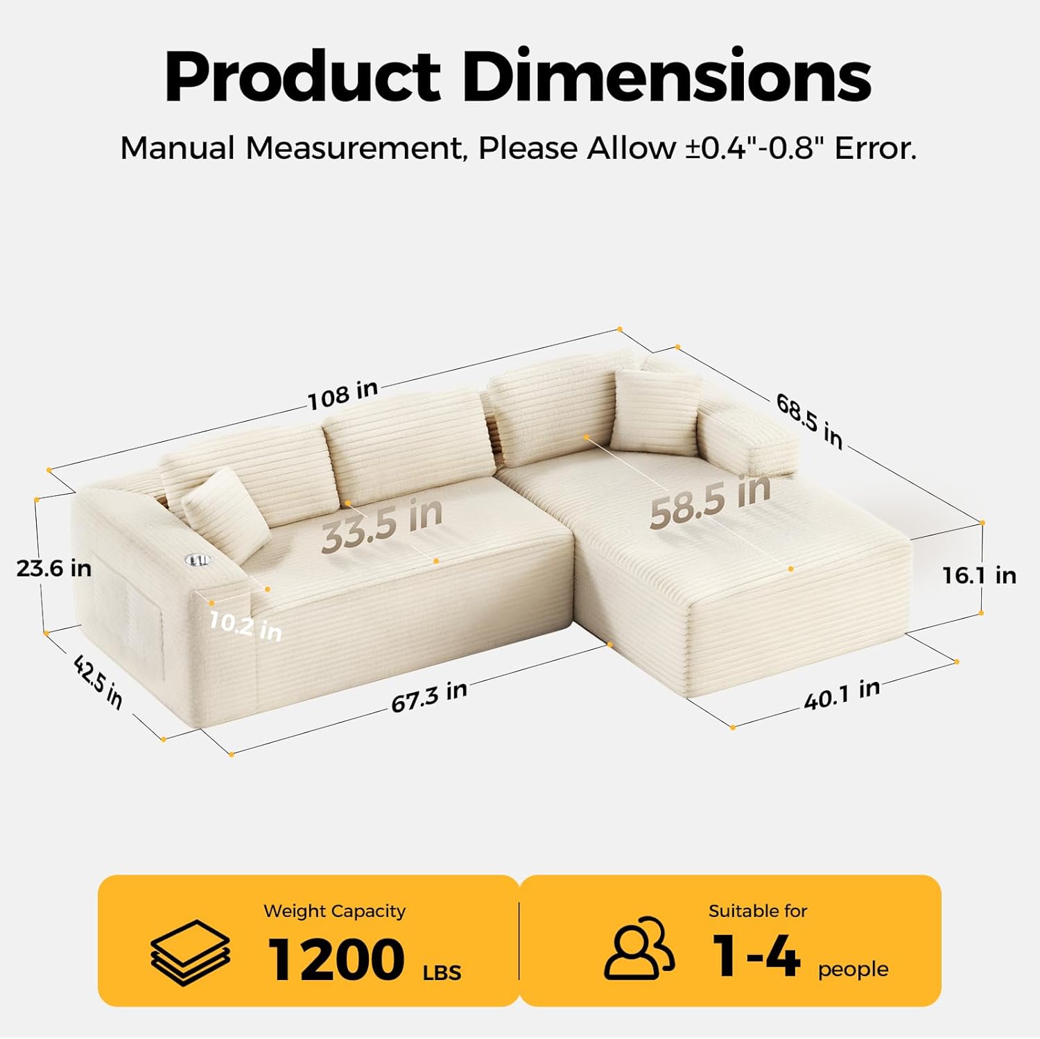 108” Cloud Sectional Couch, Modern Modular Sectional Sofa with Deep Seat, Corduroy Boneless Couches with Chaise, L-Shaped Sofa for Living Room, 4 Storage Pockets (Right Facing Chaise, Beige)