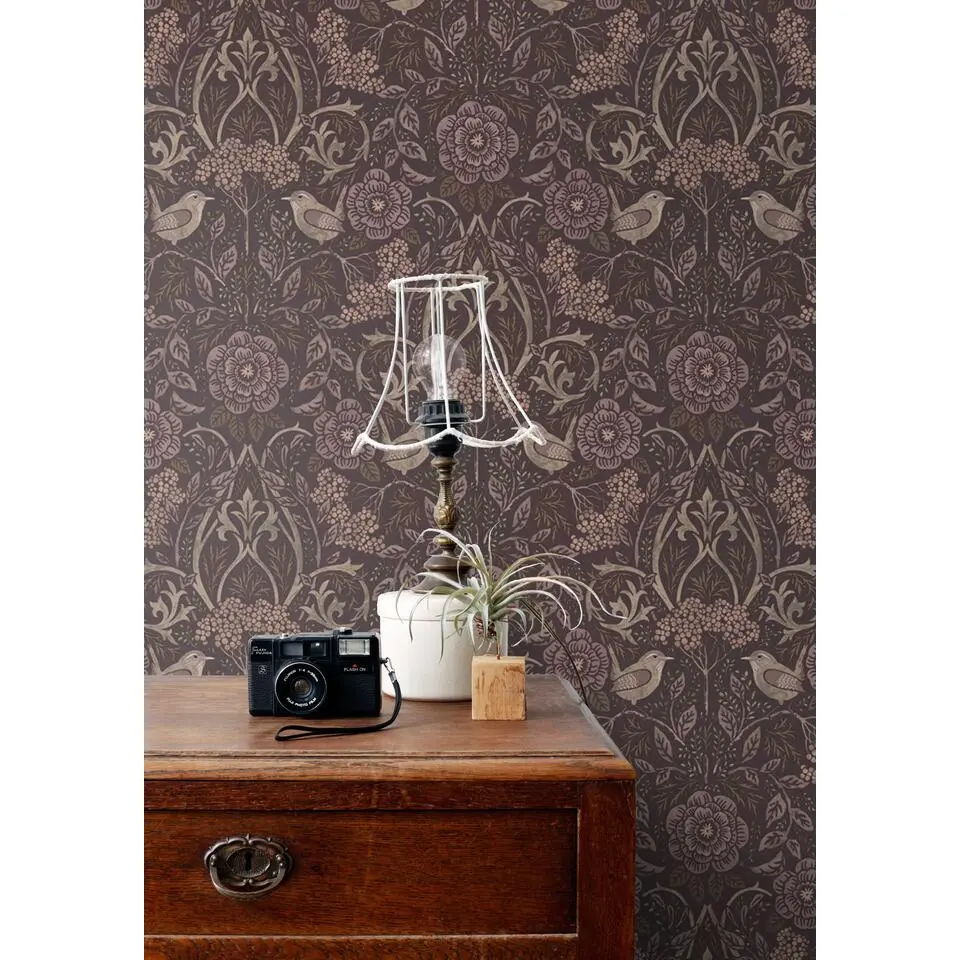 ESTAhome behang bloemen en vogels mauve paars - 53 cm x 10.05 m