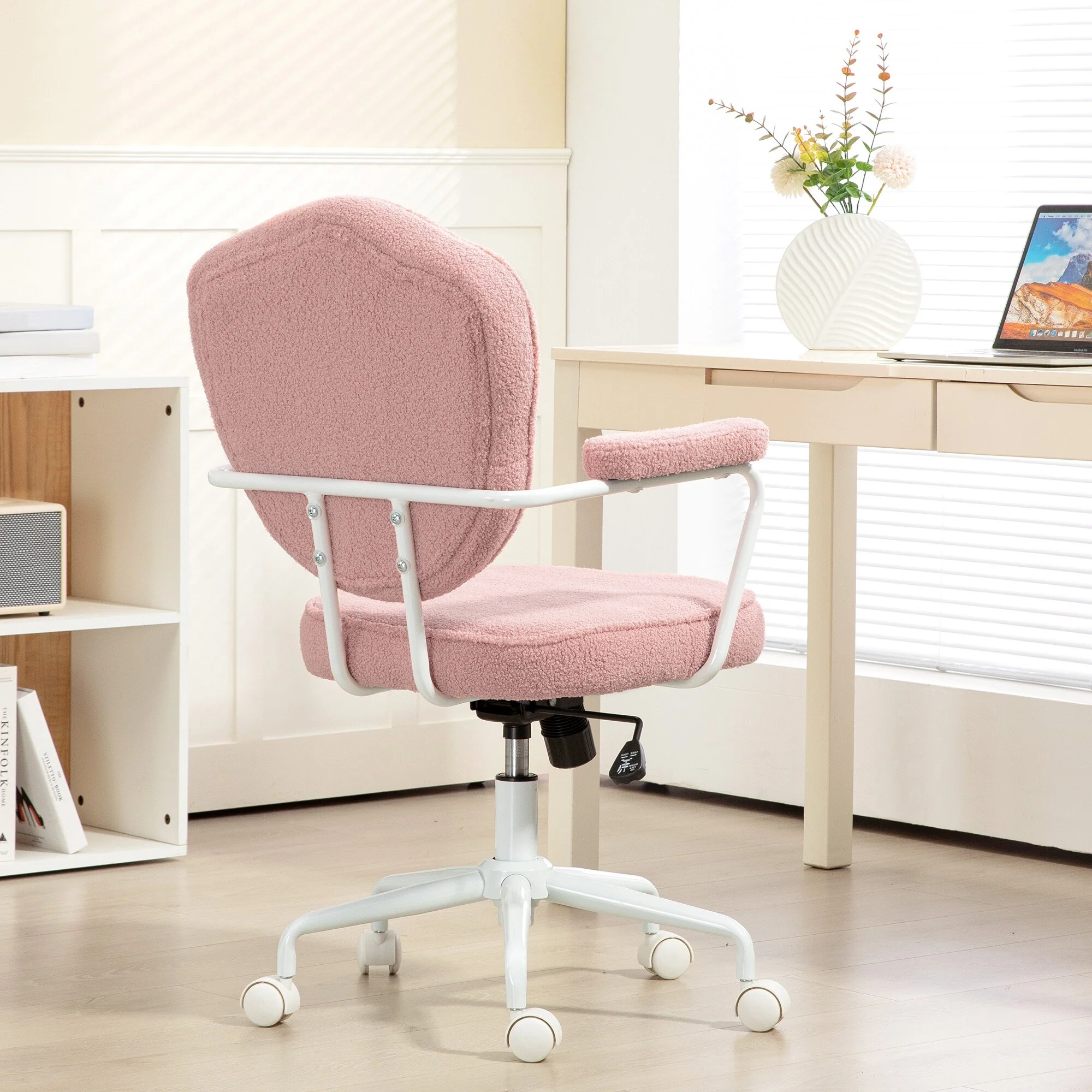 Cute Home Office Chair, Computer Desk Chair with Button Tufted Teddy Bear Fleece, Swivel Vanity Chair