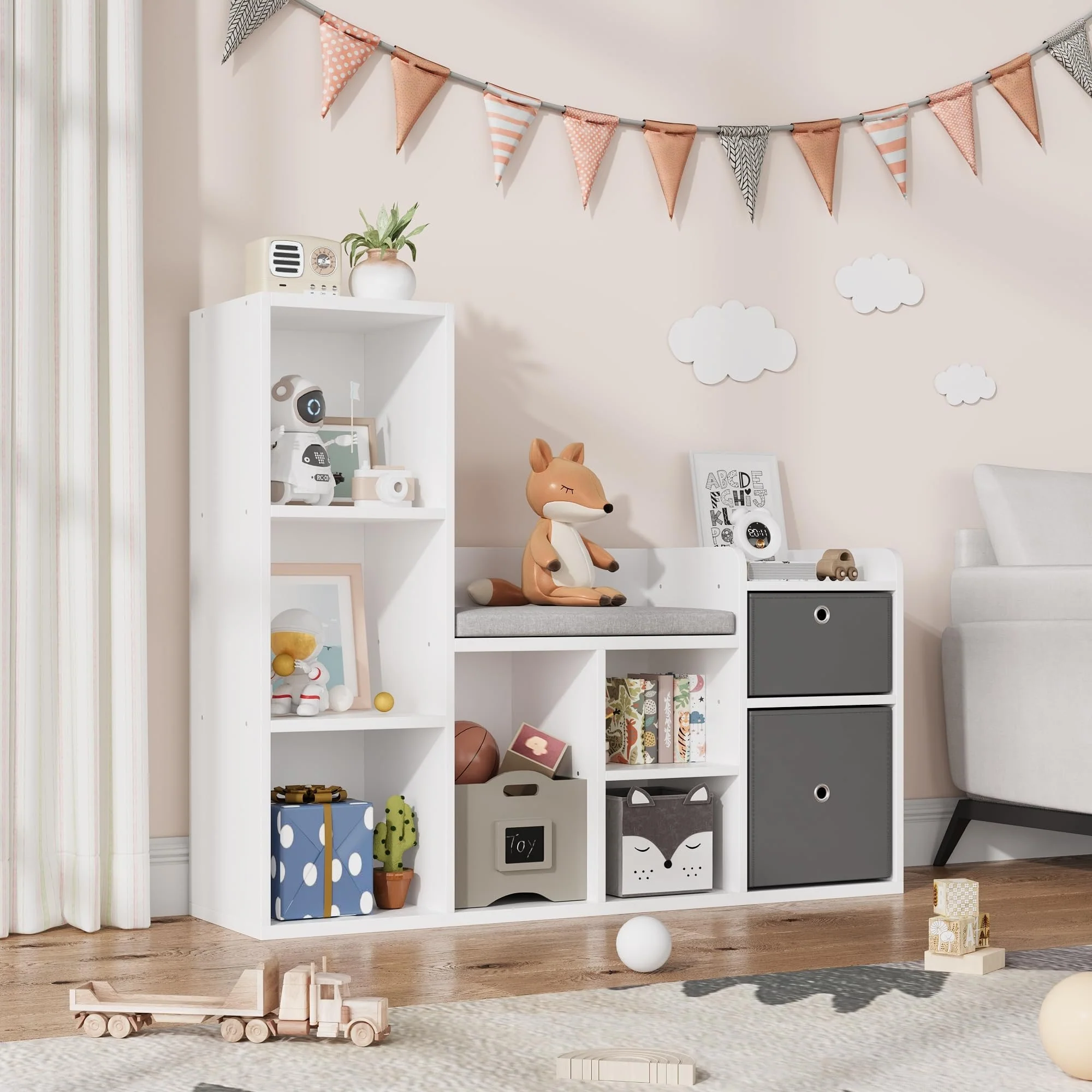 6-Cubby Kids Bookshelf with White Bookcase Seat Cushion for Kids Room