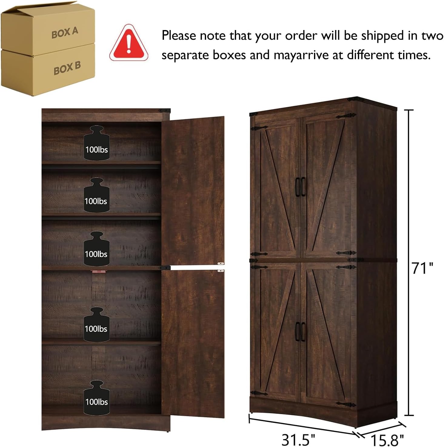 71in Farmhouse Kitchen Pantry Cabinet,Tall Storage Cabinet with 4 Doors and Adjustable shelves,with Load-Bearing Steel Pipe,Wood Storage Cabinets for Kitchen,Dining Room,Bathroom(Brown)