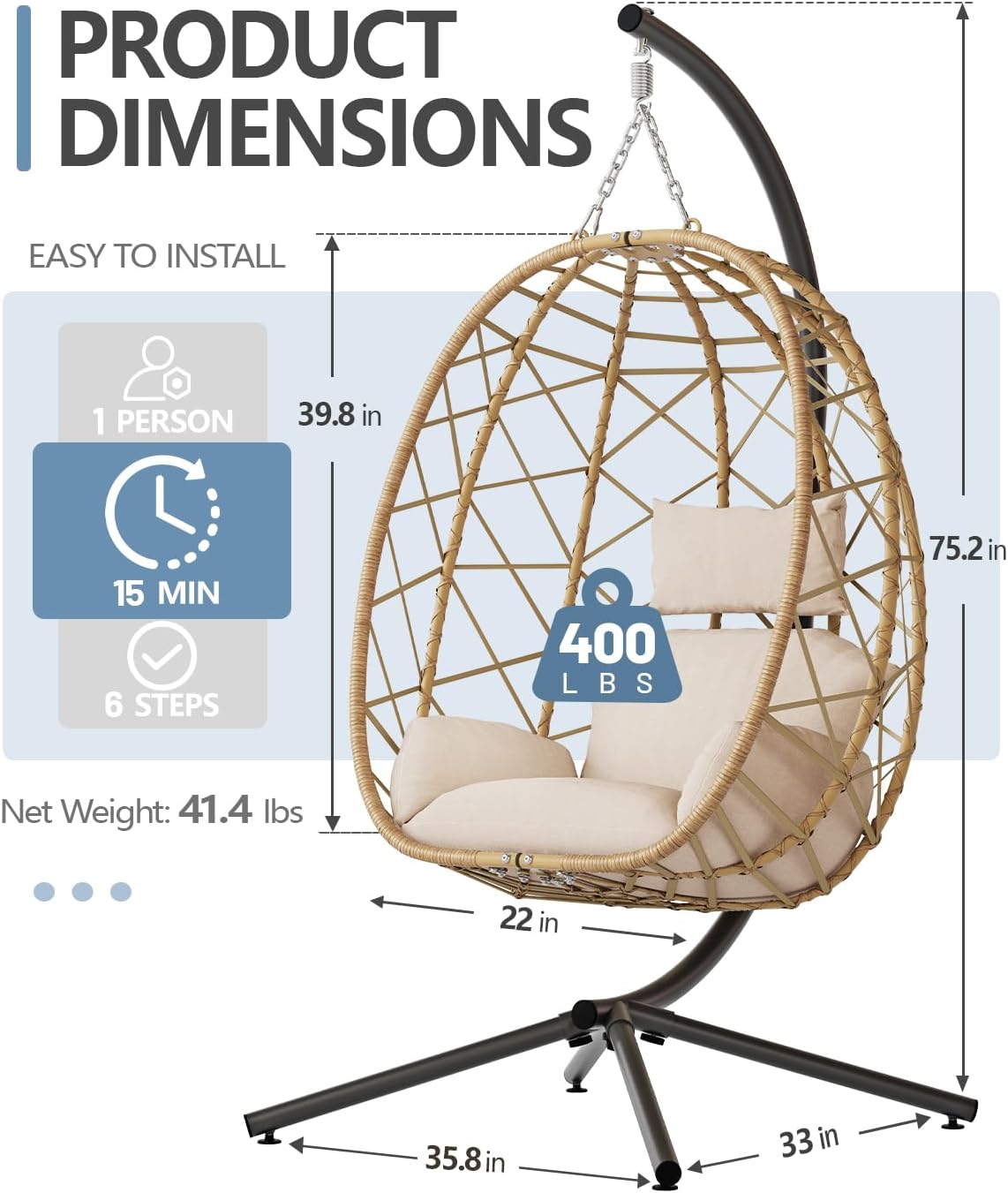 SWITTE Hanging Egg Chair with Stand, Outdoor Indoor Rattan Wicker Egg Swing Chair with Cushion, Heavy Duty Patio Hammock Chairs for Garden Backyard Balcony Bedroom, 400LBS Capacity, Cream