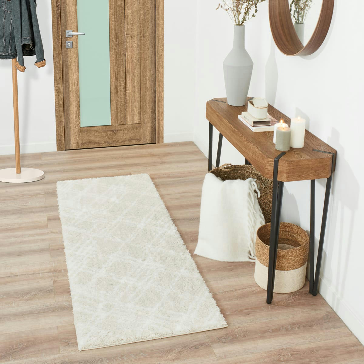 OSLO - Tapis shaggy abstrait motif géométrique beige - 80x150 cm