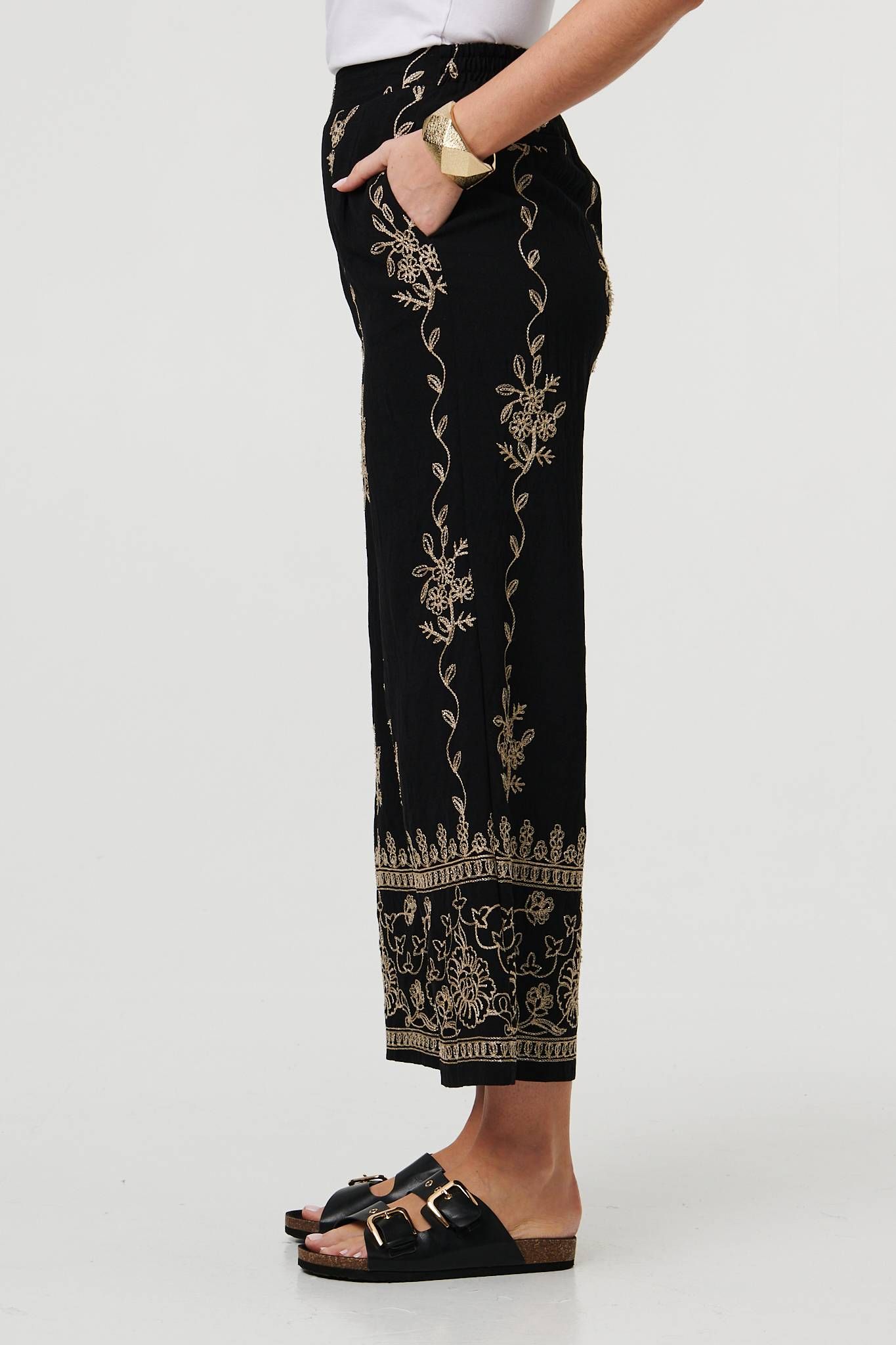 Izabel London Embroidered High Waist Wide Trousers