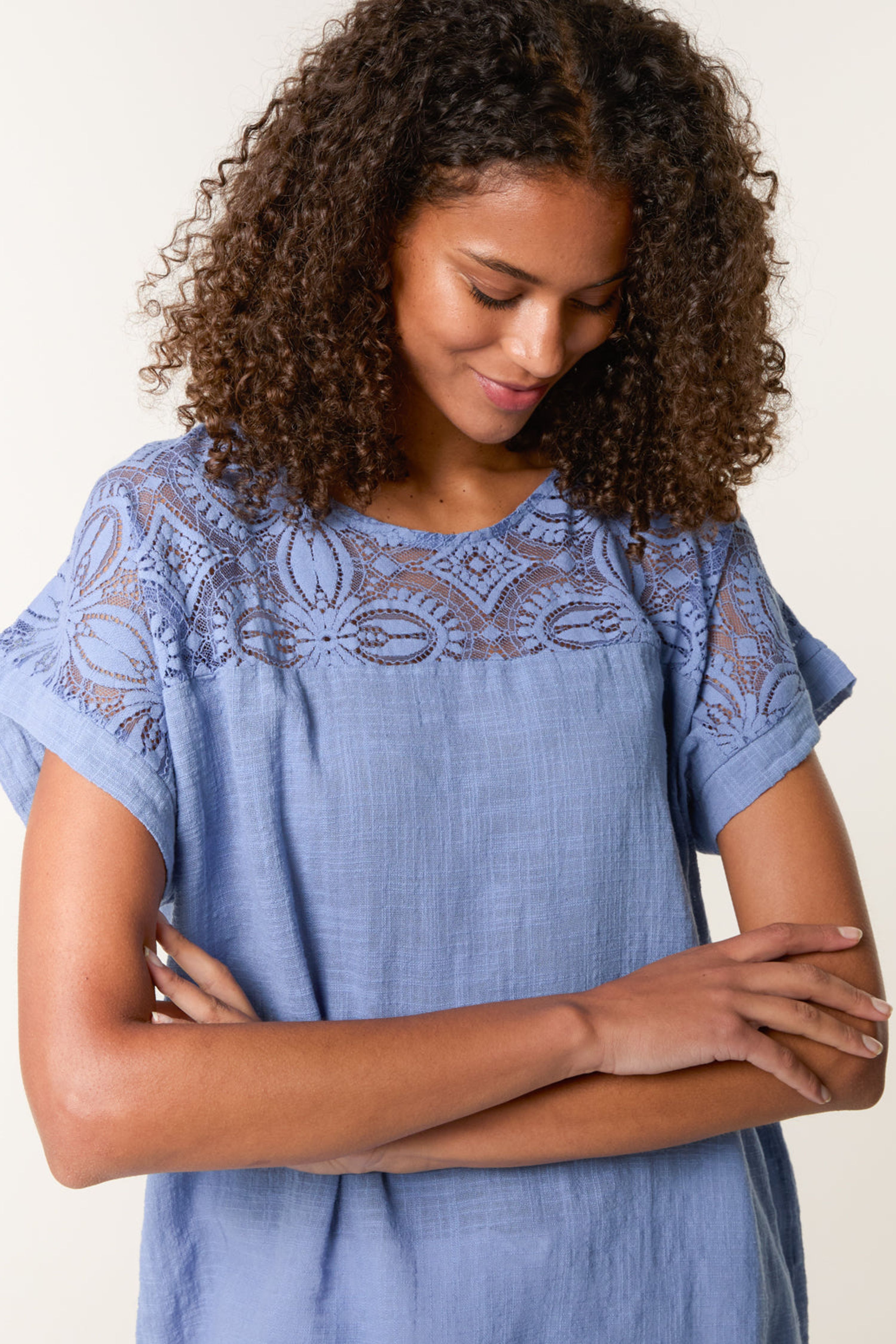 Blue Vanilla Blue Lace Pattern Cotton Top