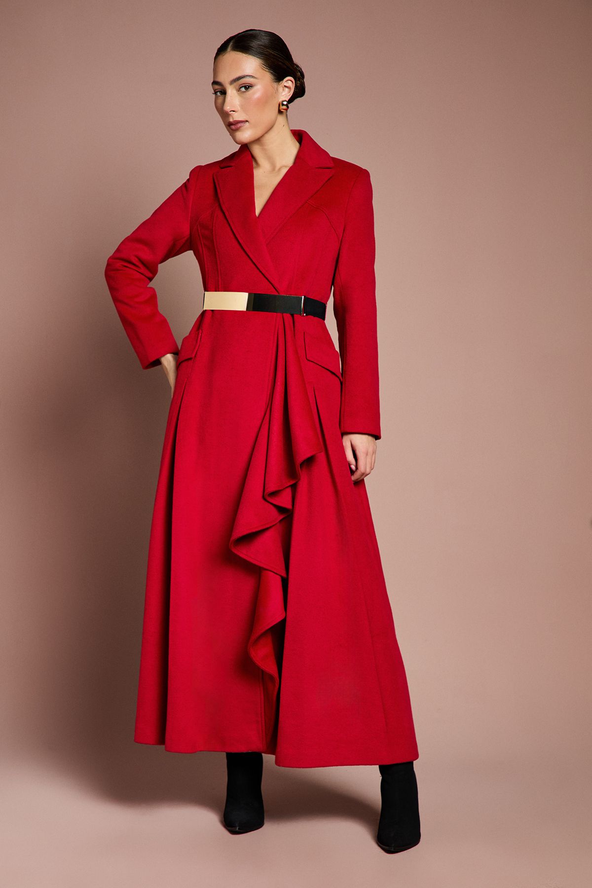 Coast Lisa Tan Occasion Gold Belt Ruffle Detail Longline Coat