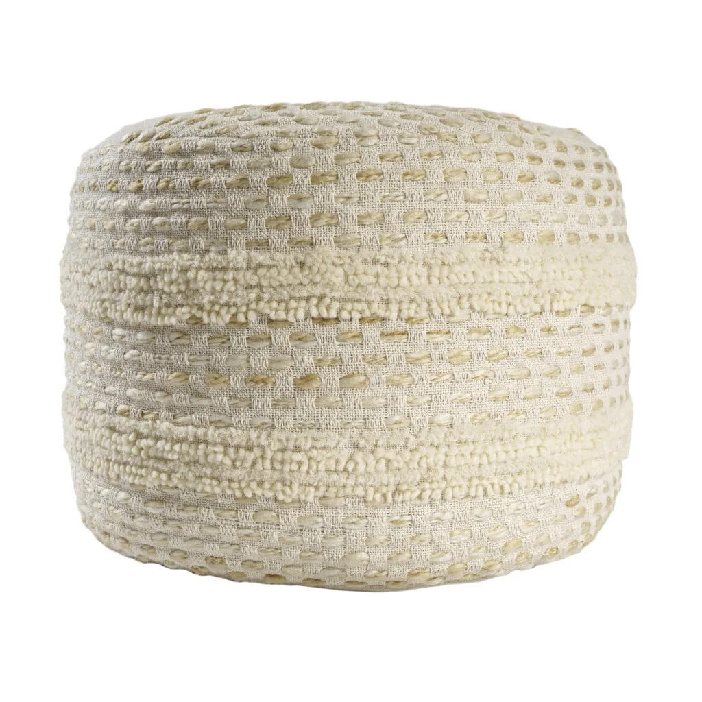 18 Natural and Ivory Cotton Blend Round Striped Pouf Ottoman