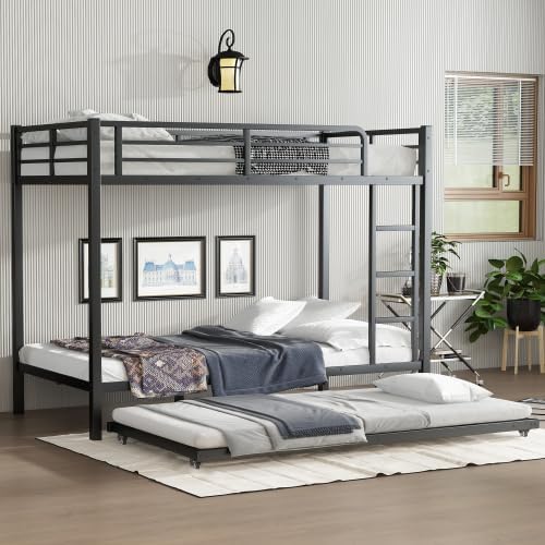 Metal Bunk Bed Twin XL over Twin XL with Trundle for 3 Kids/Teens/Adults, Heavy-duty Metal Bunk Bed Frame with Ladder & Safety Guardrail, Space-saving Design for Bedroom/Kidsroom/Dorm, Black