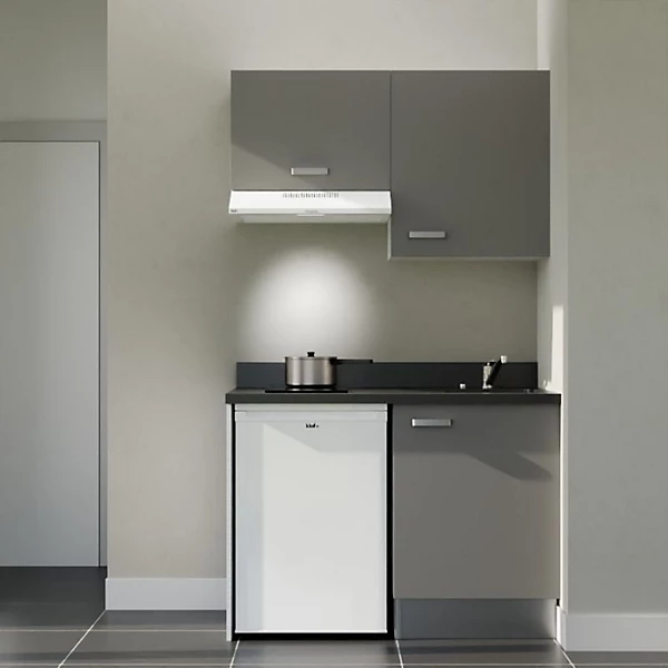 Kitchenette K01 - 120 cm - façades Gris - Plan monobloc en quartz coloris Nero évier à droite - Electroménager Blanc