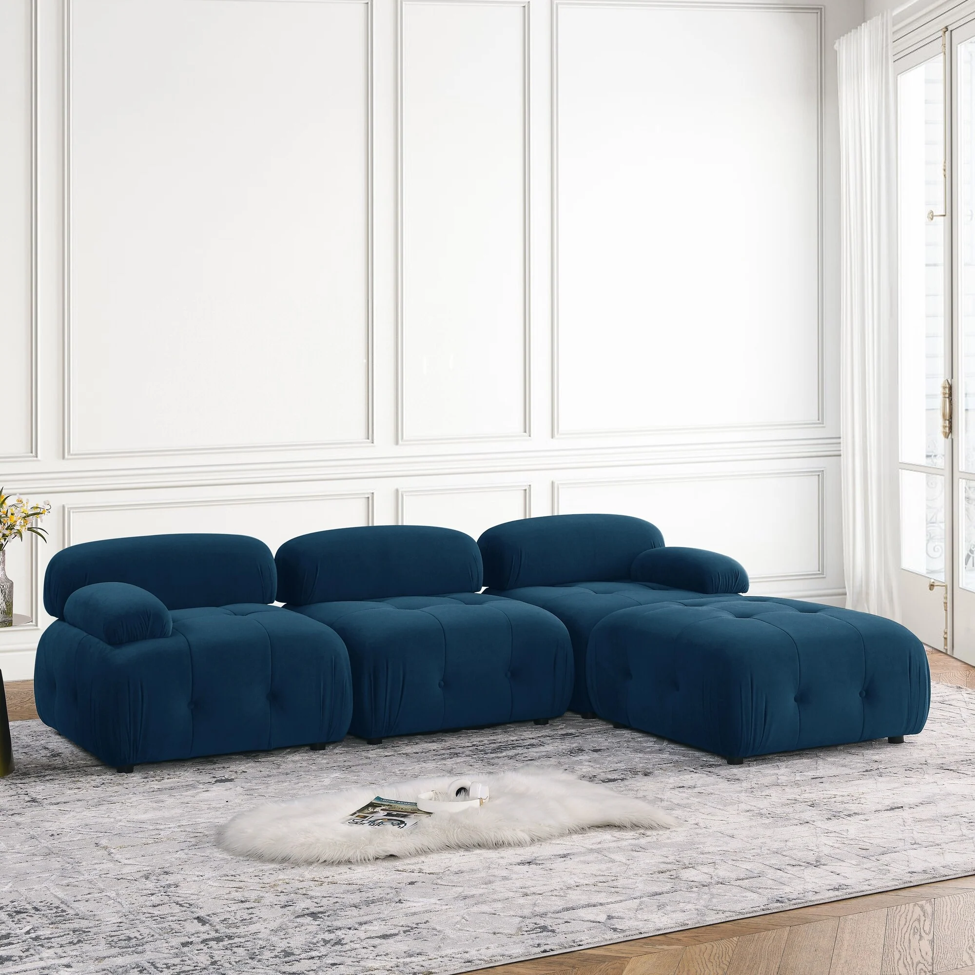 Blue 93'' Modular L-Shaped 4-Seat Sectional Sofa with Reversible Ottoman