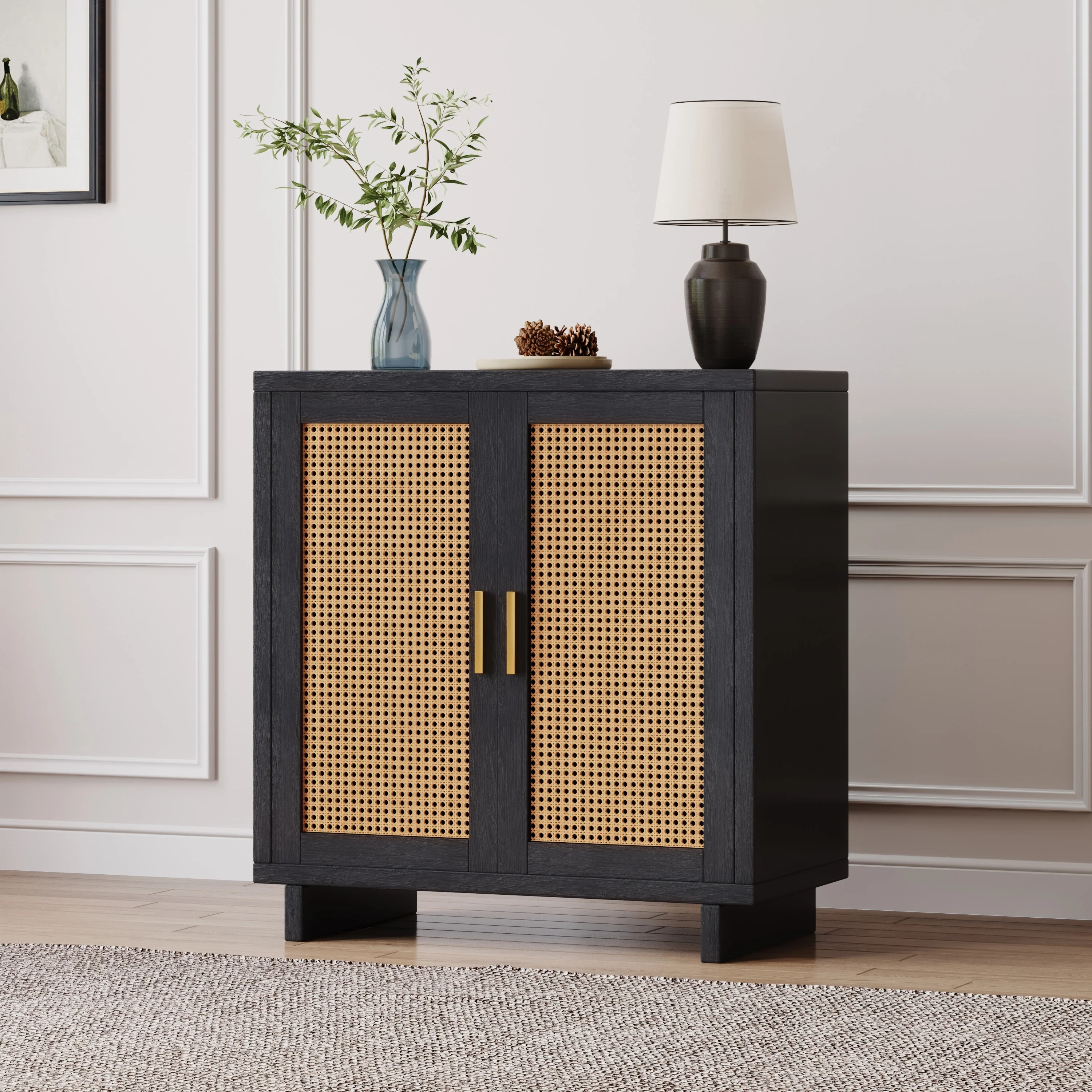 Wood Accent Cabinet Sideboard Buffet with Rattan Doors