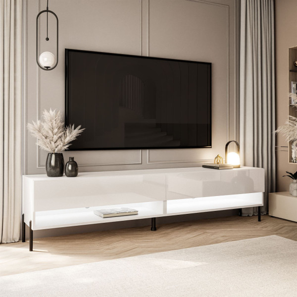 Szafka RTV CALANTE 180 cm LED biały połysk proste czarne