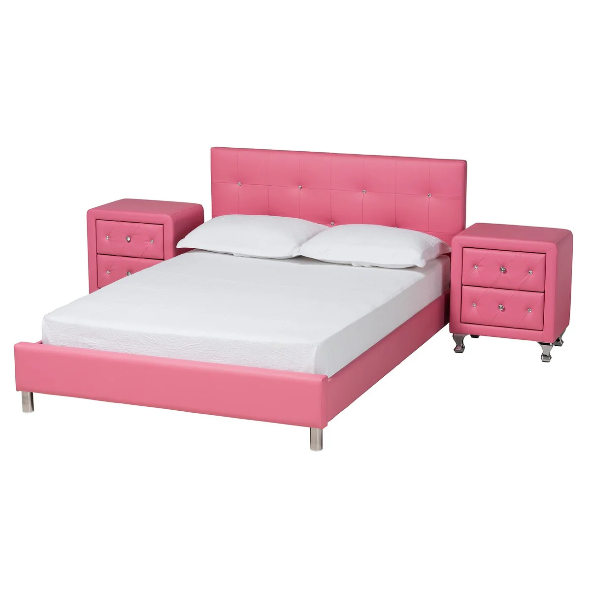 Barbara Contemporary & Glam styled 3-Piece Bedroom Set with Pink Faux Leather Upholstered bed in Full