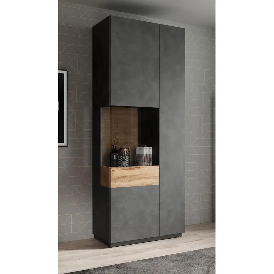 Meubella - Vitrinekast Sublime - Grijs - Eiken - 80 cm - Hoog