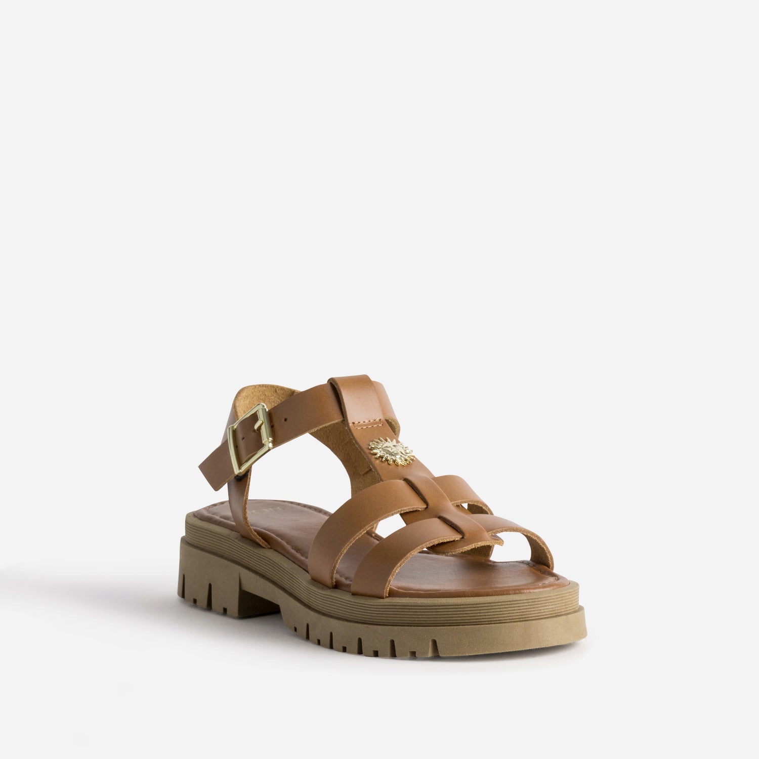 Sandale camel cuir détail médaille soleil