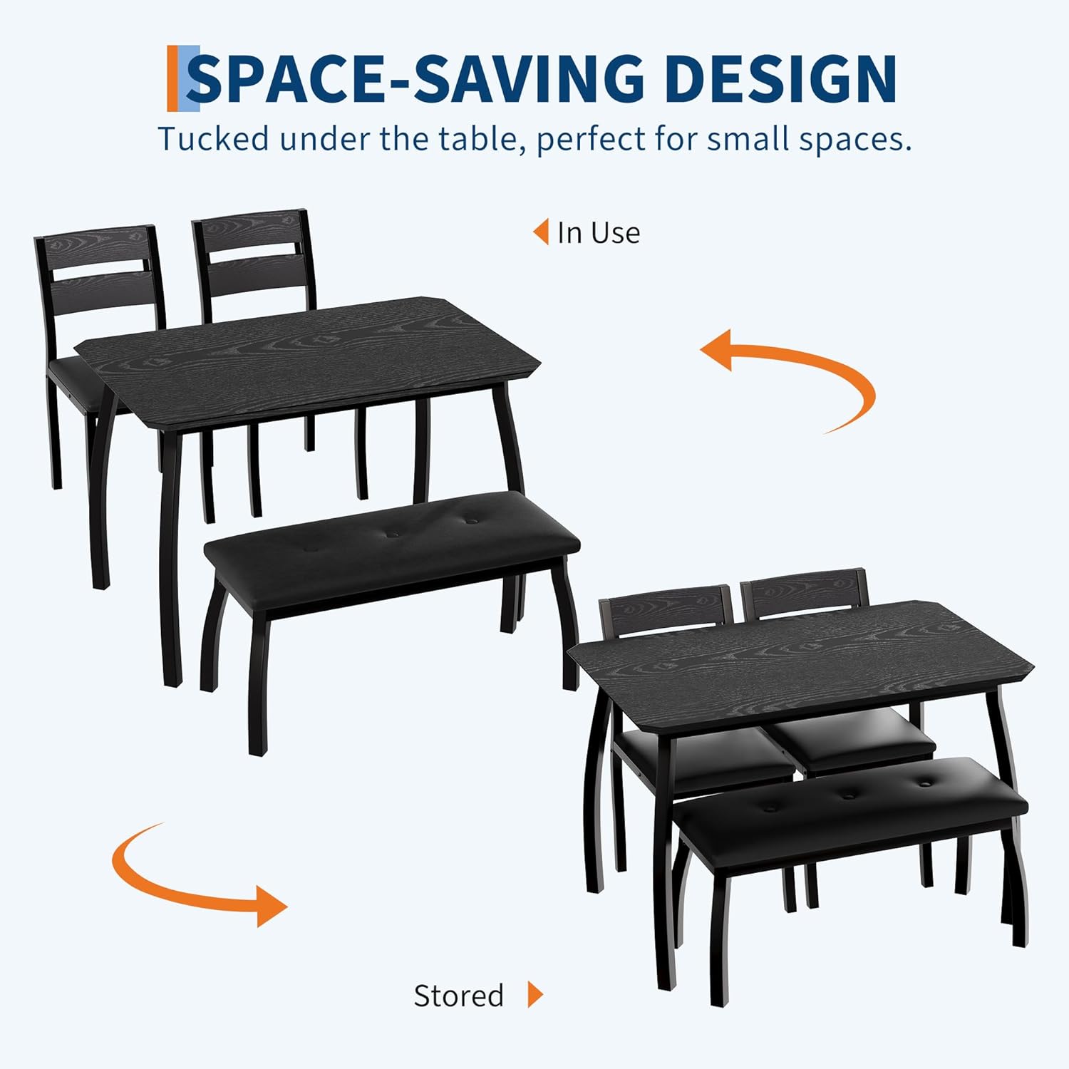 IDEALHOUSE 43'' Dining Table Set for 4, Wooden Kitchen Table with Upholstered Bench & 2 Cushion Chairs, Industrial Dinette Set for Studio, Kitchen, Dining Room, Apartment, Black
