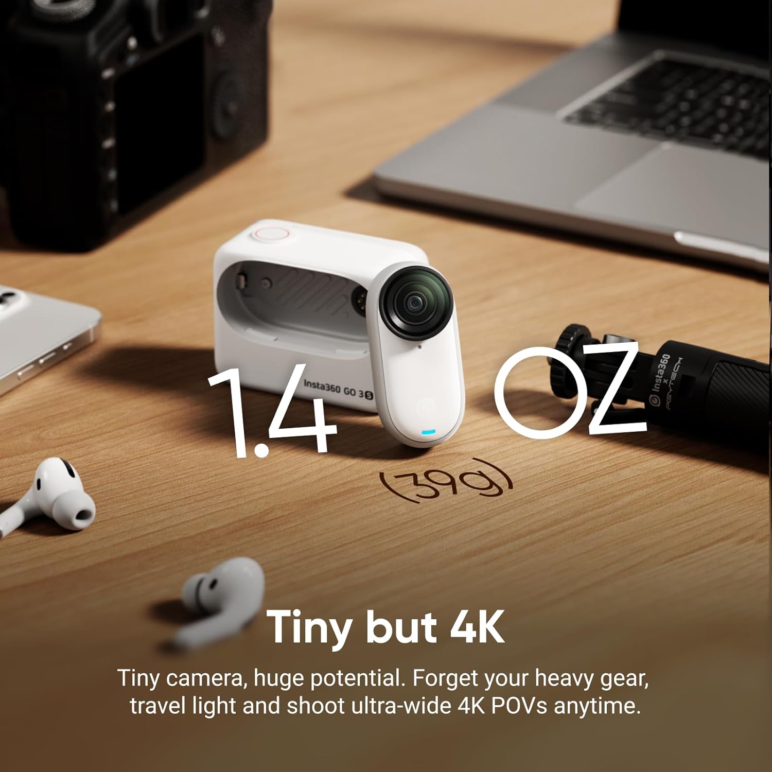 Insta360 GO 3S - 128 GB White 4K Tiny Portable Vlogging Camera  Hands-Free POVs  Mount Anywhere  Stabilization  140 Min Battery Life  10m Waterproof  Apple Find My  Pet POV