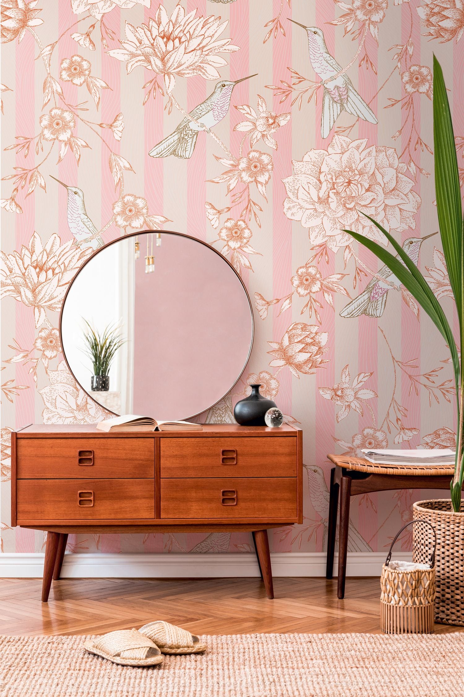 Livingwalls fotobehang bloemen en vogels roze, beige en oranje - 159 x 280 cm - AS-392021