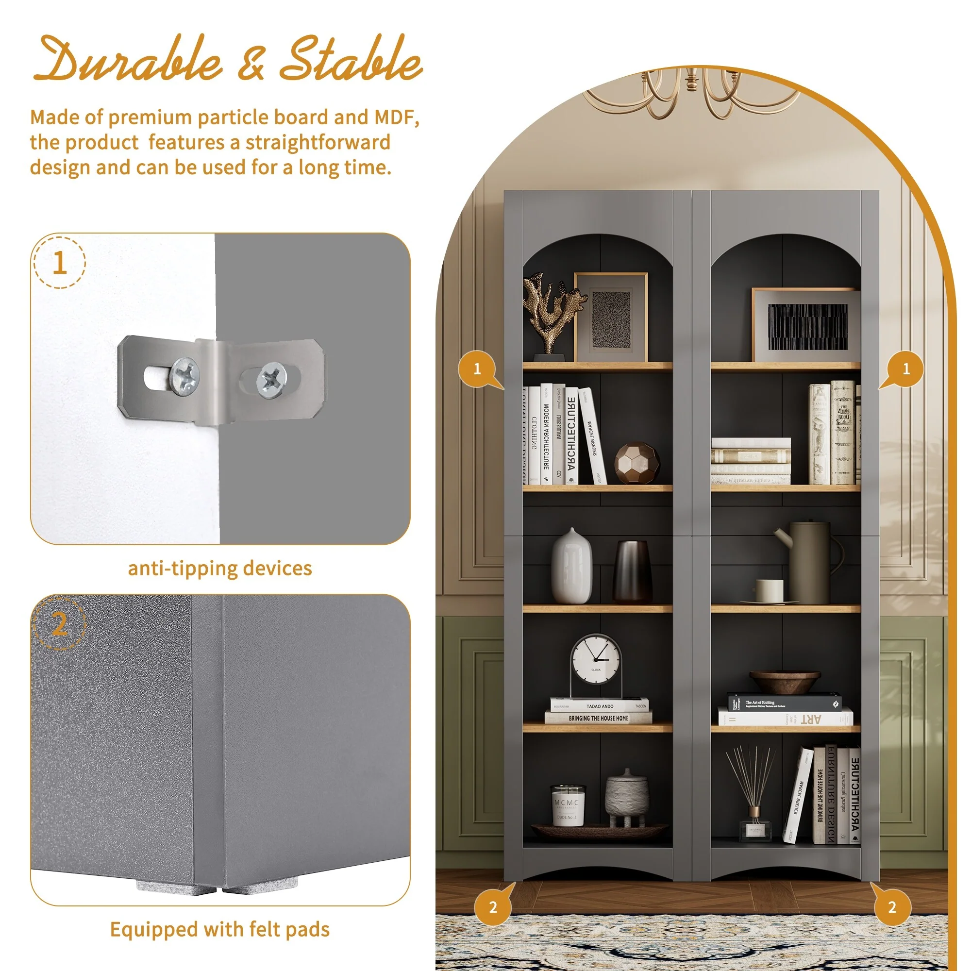 Mid-Century TV Stand with Bookshelf, Rustic Versatile Sideboard with Adjustable Shelves for Living Room