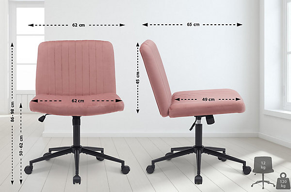 Chaise de bureau Kingman, chaise pivotante avec dossier, chaise de bureau rembourrée réglable en hauteur. Rose/Velours