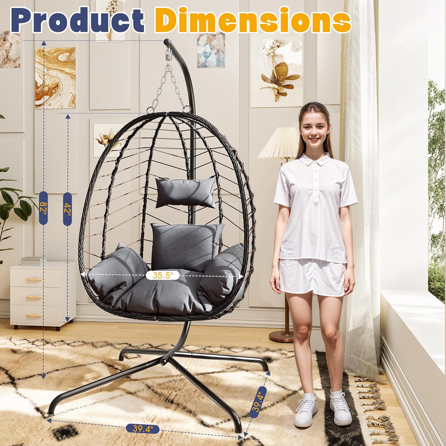 LEX CRAFT Egg Chair with Stand, Patio Wicker Hanging Chair, Hammock Swing Chair, 350LBS Capacity for Bedroom, Balcony, Garden(BR-GR)