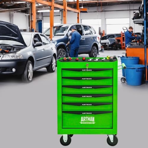 Iron-Top Rolling Tool Chest with Lockable Wheels and Side Handles, 7-Drawer Tool Storage Cabinet with Ball Bearing for Garage, Repair Shop, Required Assembly, Large Storage Capacity (Iron, 6-Green)