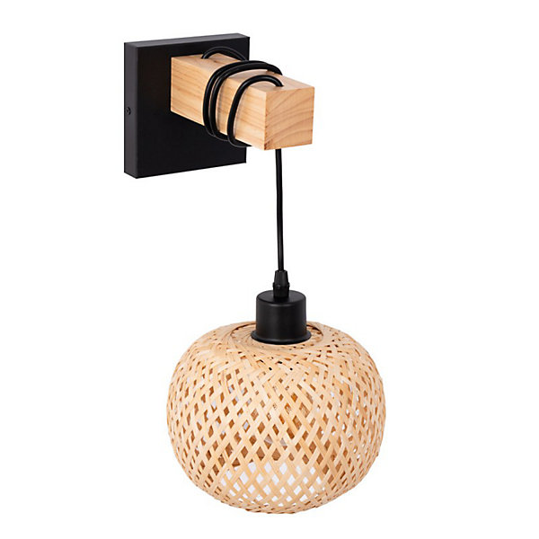 Applique Murale avec Support en Bois Naturel et Abat-jour en Osier Suspendu Base en Métal Noir Douille E27 pour Salon Co